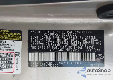 2007 Toyota Camry Le z USA, uszkodzony, nr VIN 4T1BE46K57U624627